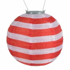Promo 💯 World Market Round Red and White Stripe Fabric Solar LED Lantern 🥰