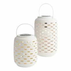 Best Sale 🧨 World Market White Geo Dashes Ceramic Solar LED Lantern 🔥