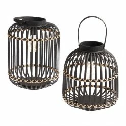 Cheap 💯 World Market Black Natural Fiber Solar LED Lantern ⭐